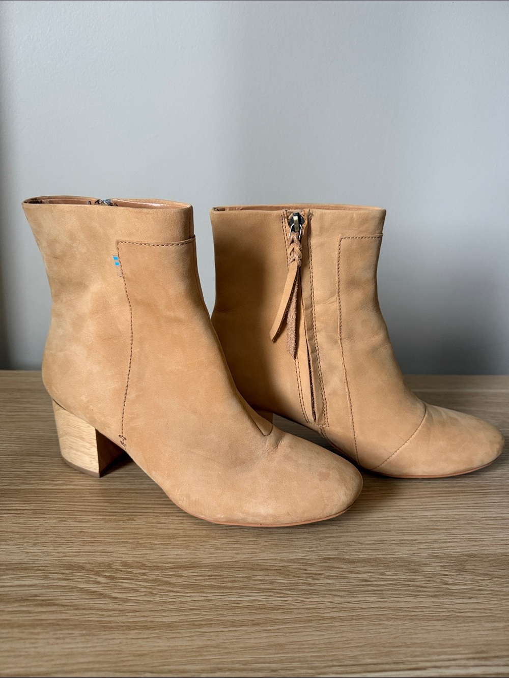 Toms Tan Suede Block Heel Ankle Boots